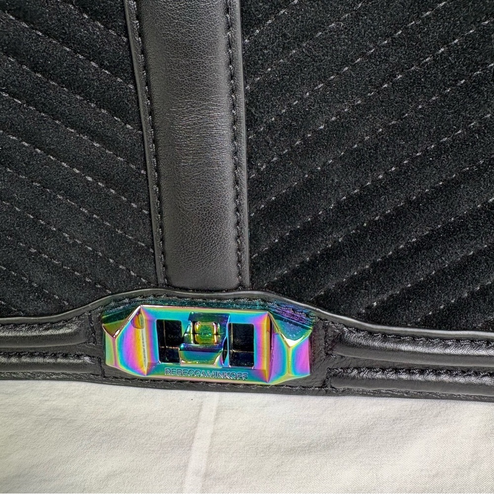 Rebecca Minkoff Oil Slick Suede Iridescent Love Chevron Quilted Crossbody Bag - Picture 13 of 16